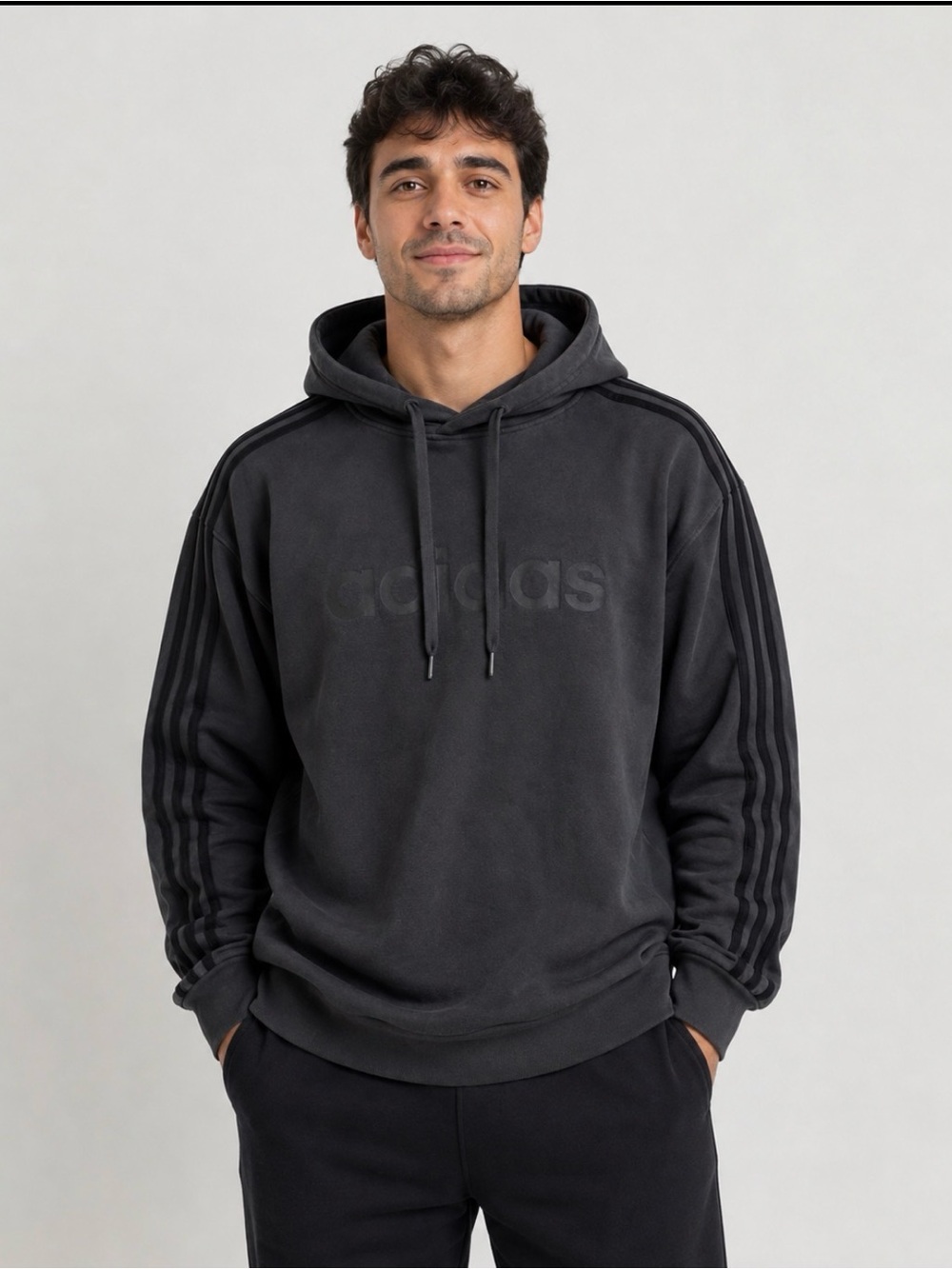adidas Men's Charcoal Black Logo Hooded Sweatshirt